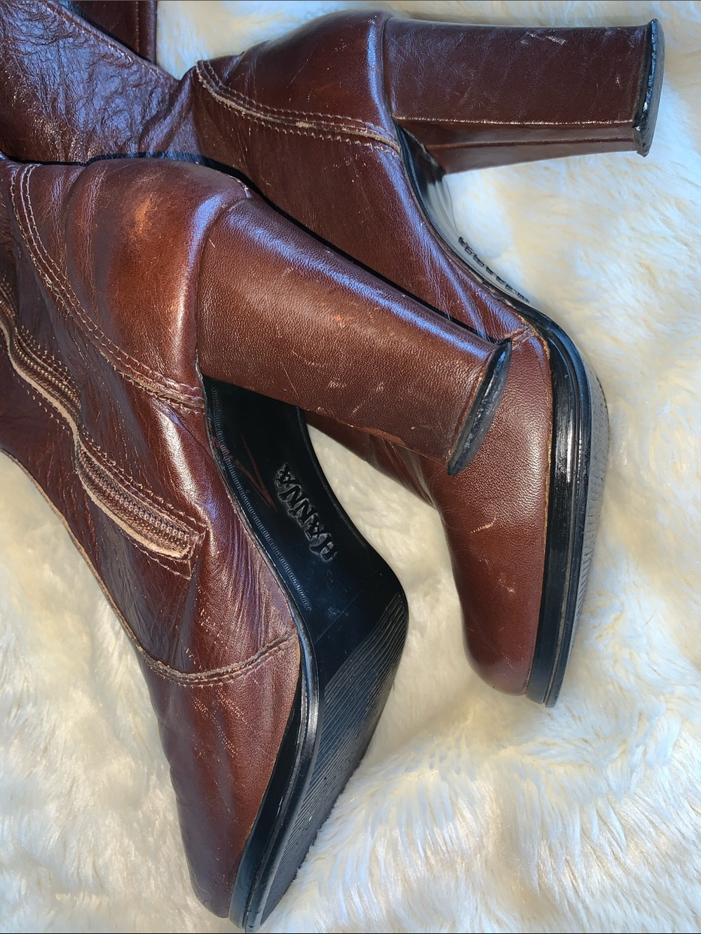 Vtg 60s 70s Hanna Brown leather side zipper knee high Gogo boots 5.5 - Picture 13 of 15